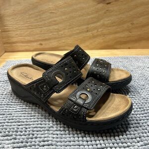 Clarks Sandals Women Size 8.5 Black Leather Lexi Laurel Slip On Wedge Shoes